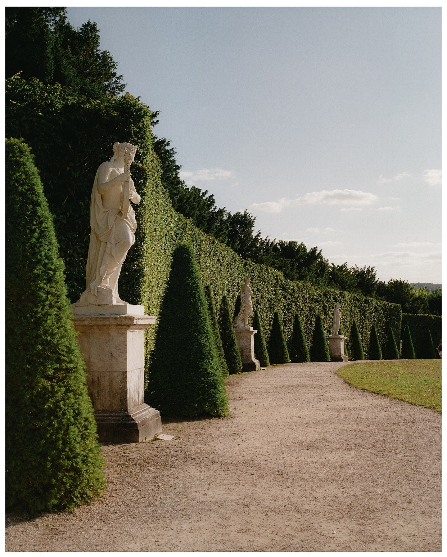 Marble statues along a clipped hedge on a gravel garden walk